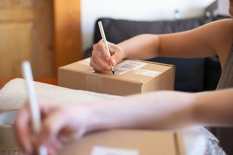 Hands writing on a cardboard parcel with a shipping label