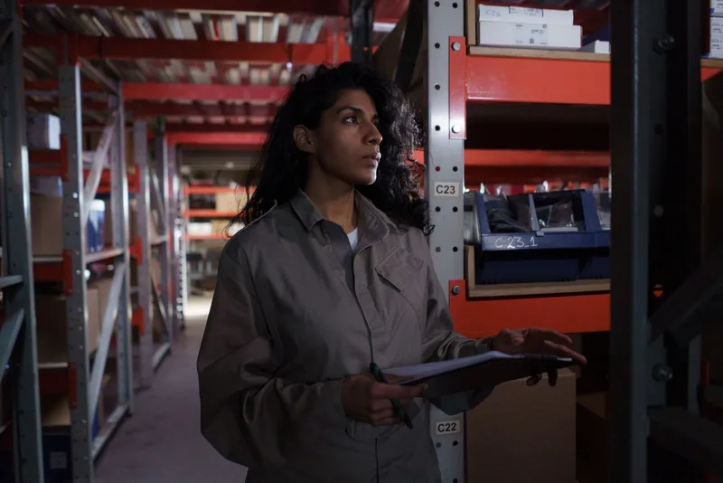 Warehouse worker with a paper checklist reading shelf location labels during a stock count