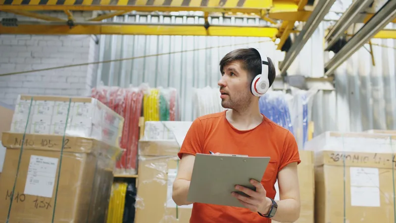 Warehouse worker in an orange t-shirt and headphones holding a clipboard and checking wrapped boxes on shelves