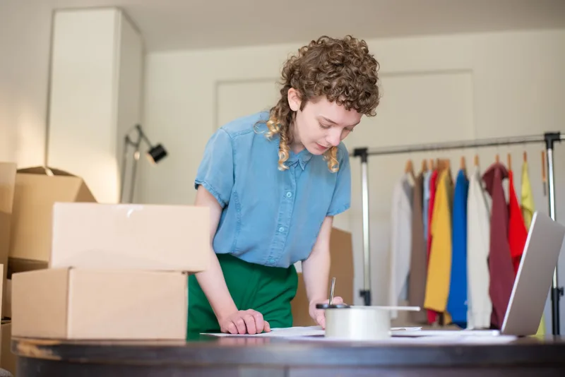 Seller writing on paper at a table with taped cardboard boxes, a laptop and a clothing rack in a home workspace