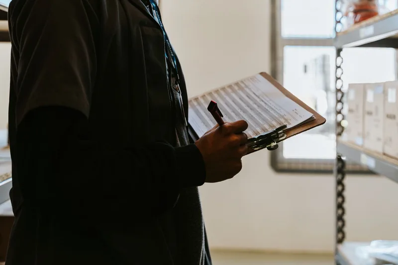 Close-up of a warehouse worker holding a clipboard and checklist while standing near storage shelving