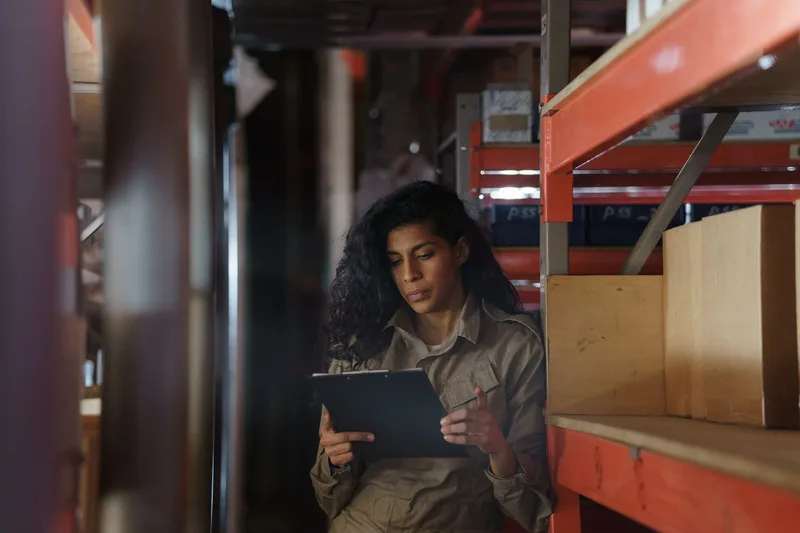 Woman in a Philippine warehouse taking inventory with a clipboard as part of a cycle count