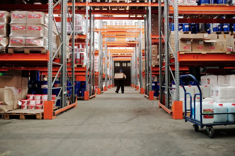 Warehouse worker picking orders from labeled shelves in an organized Indonesian ecommerce fulfillment center