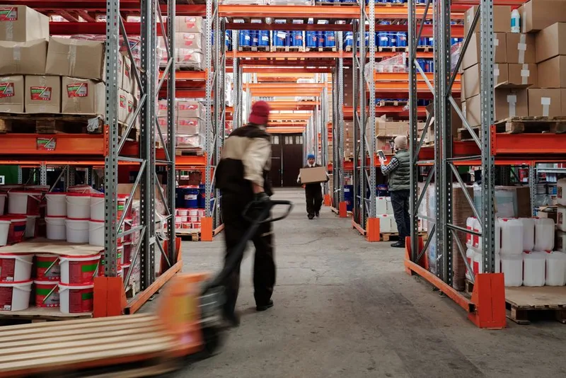 Wide aisle between steel racking with a worker pulling a hand pallet truck, another carrying a carton, and a third holding a tablet